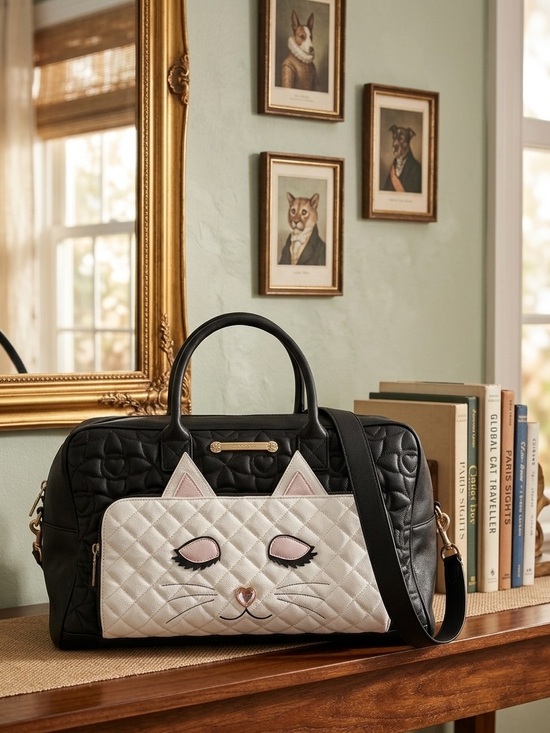 Betsey Johnson Handbags - Betsy Johnson Quilted Black Travel Bag with White Cat Face Front Pocket